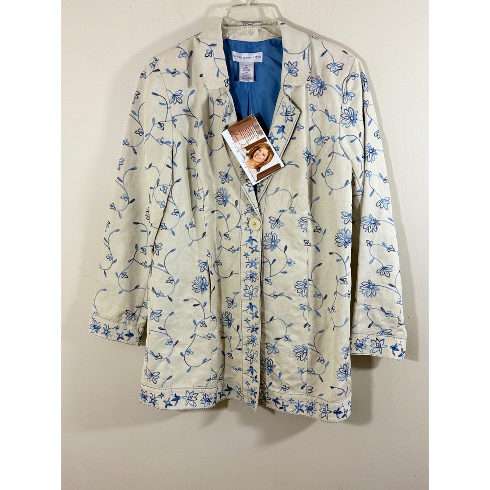NWT Susan Graver Linen Blend Embroidered Floral Blazer Jacket Women's M Coastal